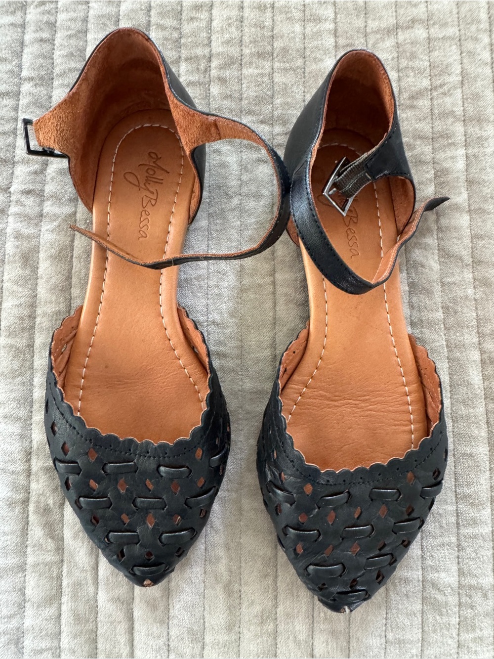 Molly Bessa Black Cutout Leather Ankle-Strap Flats